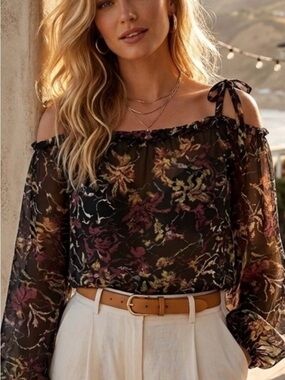 Sonia Rykiel Paris Floral Sheer Blouse Off Shoulder Tie Detail XS S